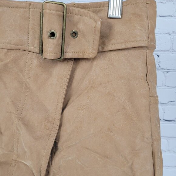 Free People Tan Brown Faux Leather Belted Buttoned Front Slit Mini Skirt Size 10 - Picture 6 of 13